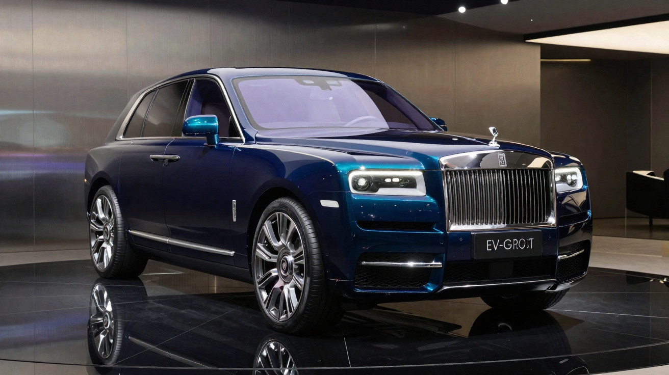 Carro sedan de luxo azul metálico, Rolls-Royce EV-Groot, exibido em showroom moderno.