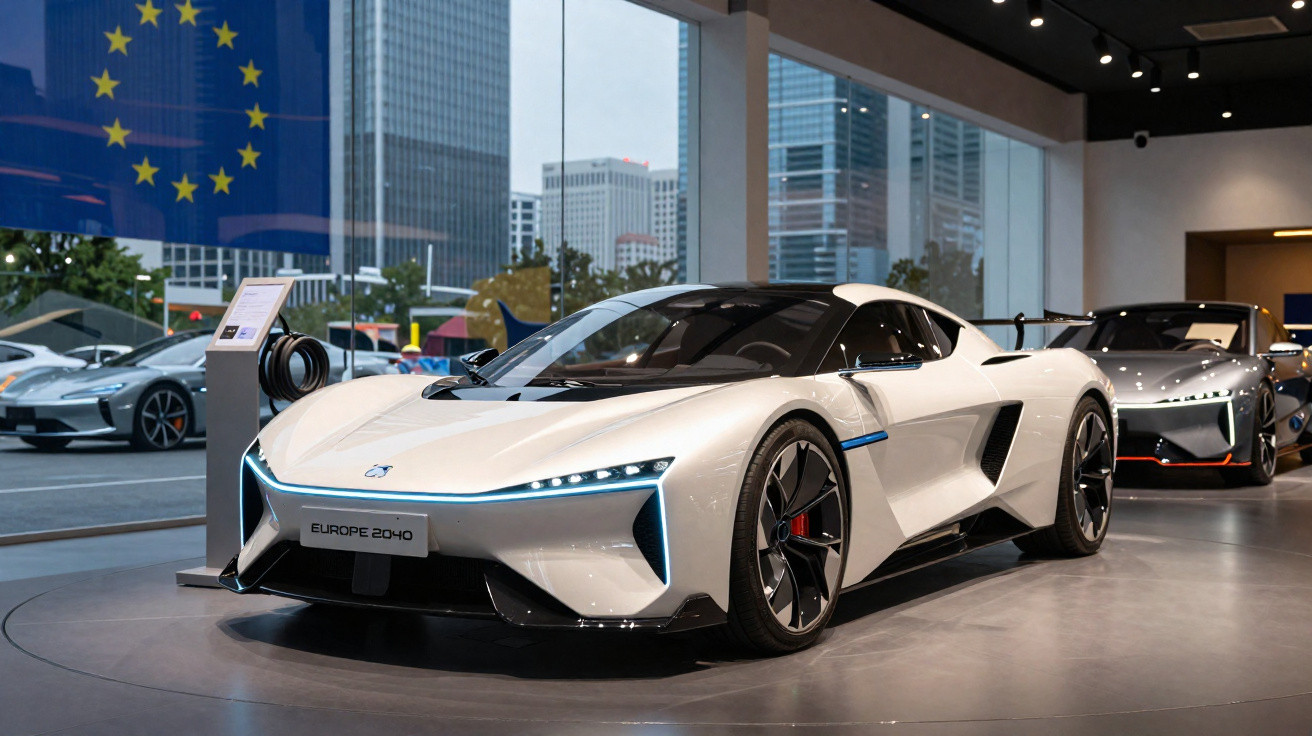 Carro esportivo elétrico branco em exposição com placa "Europe 2040" e prédio alto ao fundo.