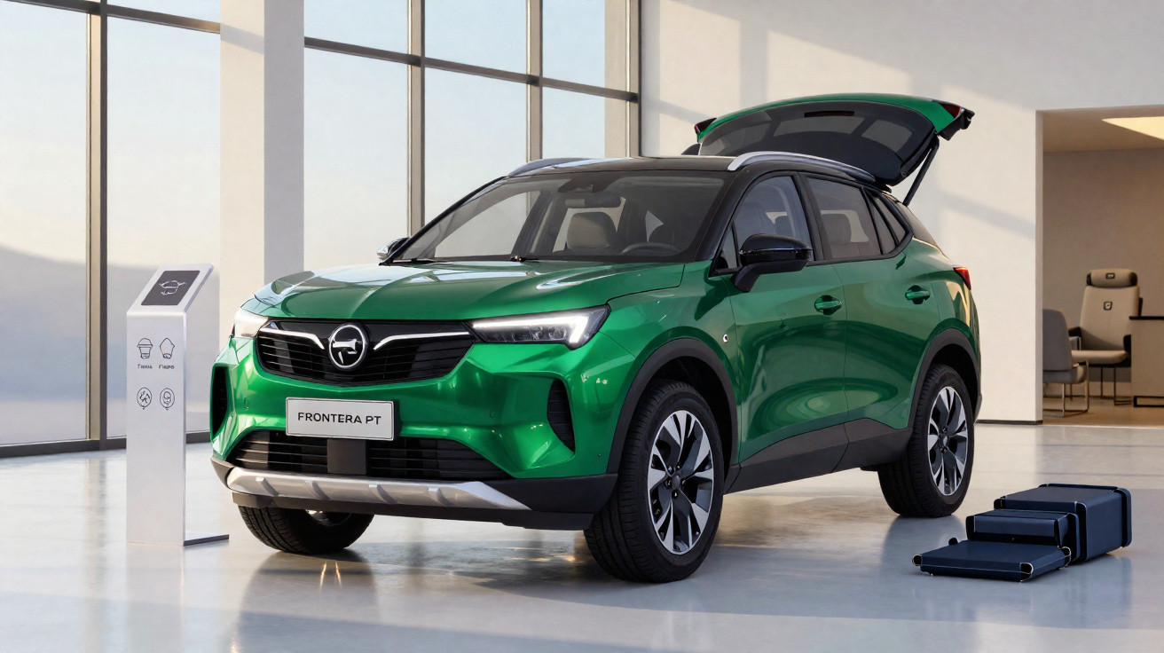 SUV elétrico verde modelo Frontera PT com porta-malas aberto e malas ao lado em ambiente interno moderno.