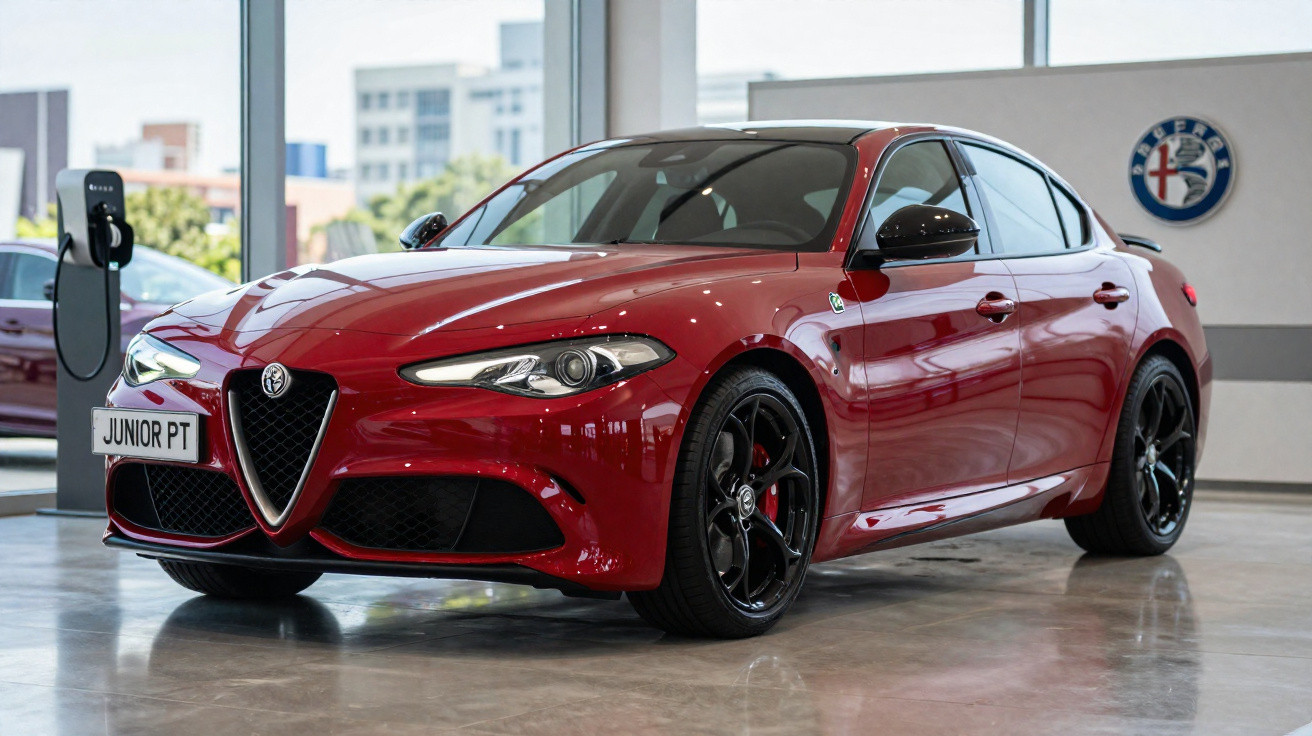 Carro esportivo Alfa Romeo Giulia vermelho estacionado em showroom moderno com piso refletivo.