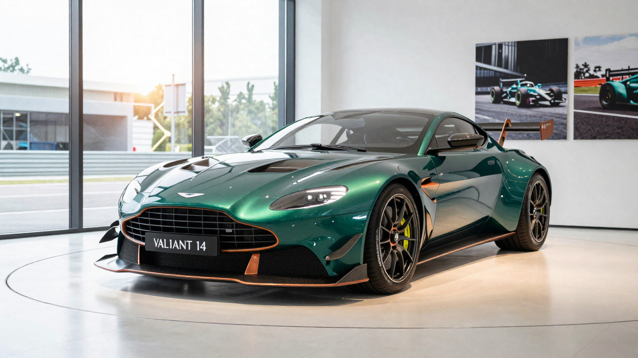 Carro esportivo verde escuro Aston Martin Valiant 14 exibido em salão com piso claro e janelas amplas.