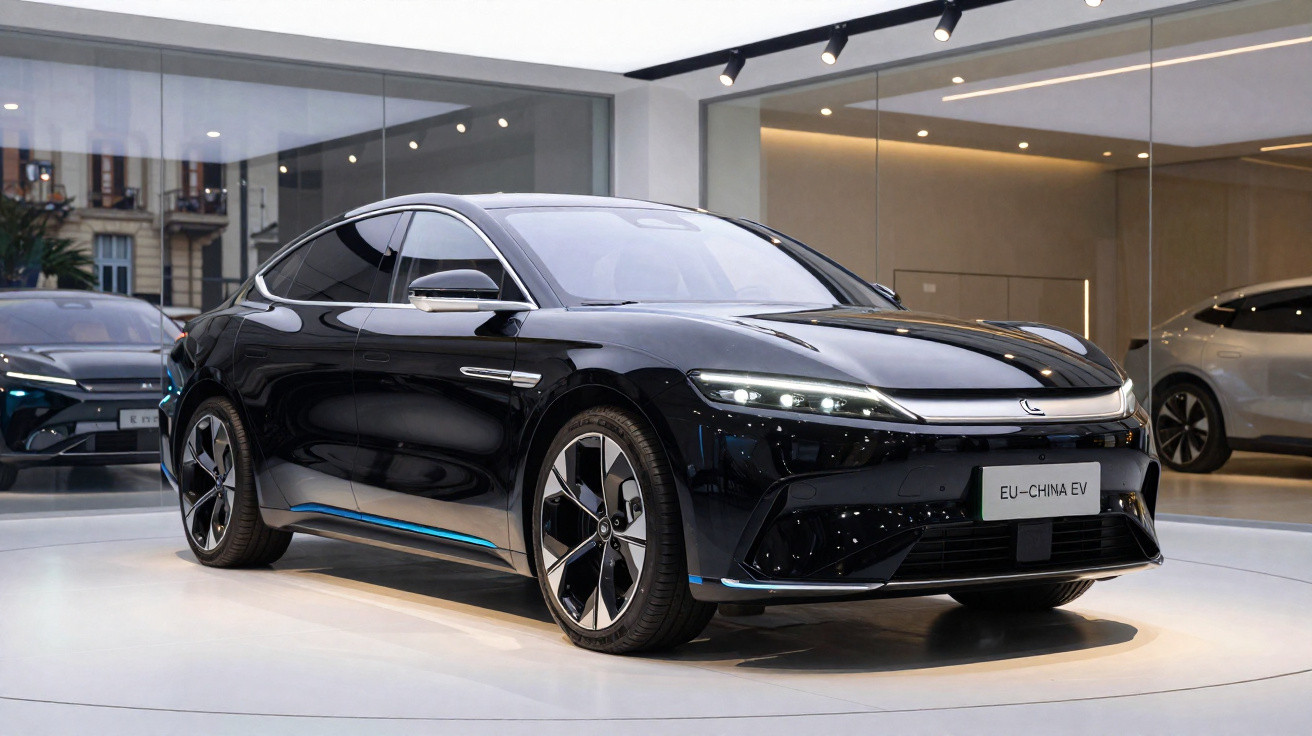 Carro elétrico preto moderno exibido em showroom com design aerodinâmico e rodas esportivas.