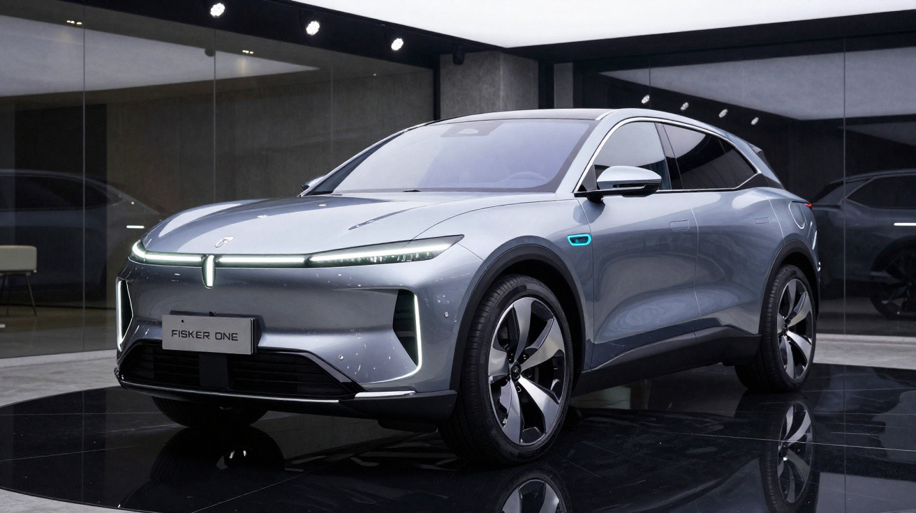 Carro elétrico SUV Fisker One prata em exposição com design moderno e faróis finos em ambiente sofisticado.