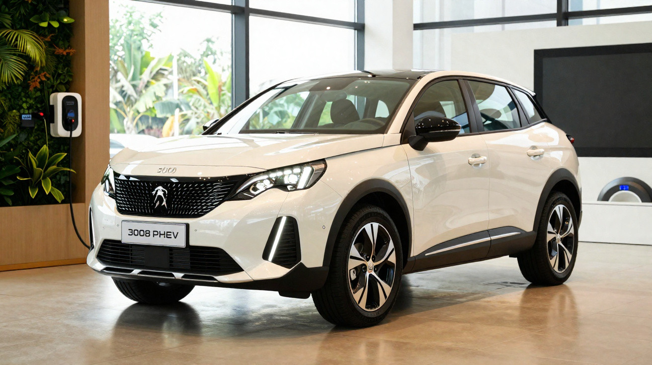 Carro SUV branco Peugeot 3008 PHEV em showroom moderno, conectado a carregador elétrico na parede.