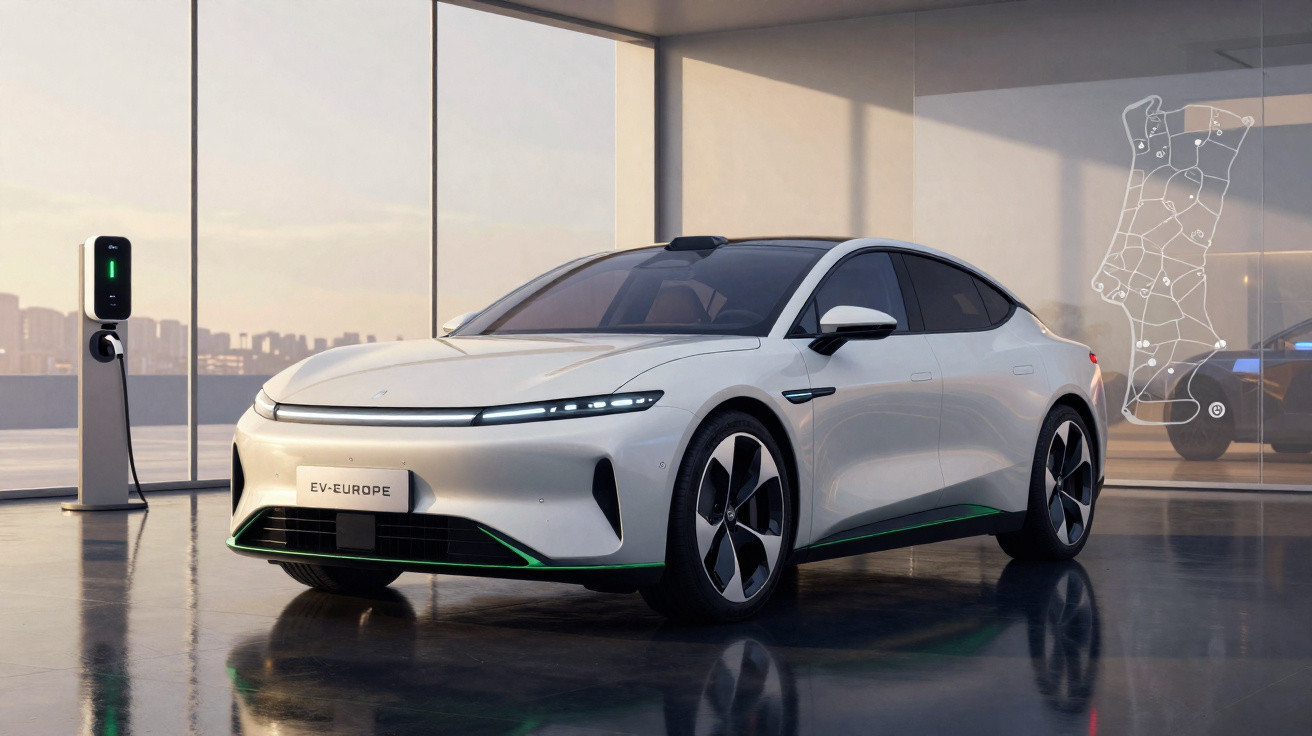 Carro elétrico branco estacionado em showroom moderno com estação de recarga ao lado e mapa na parede.