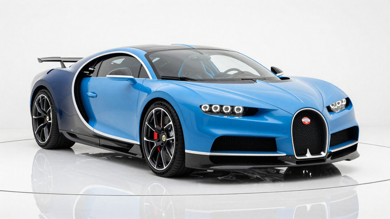 Carro esportivo Bugatti azul com detalhes em preto em estúdio com reflexão no chão branco.