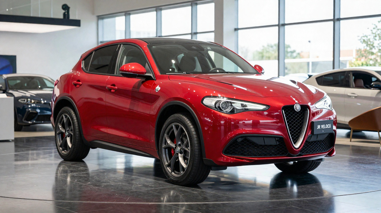 Carro Alfa Romeo Stelvio vermelho exibido em showroom moderno com piso brilhante e janelas ao fundo.