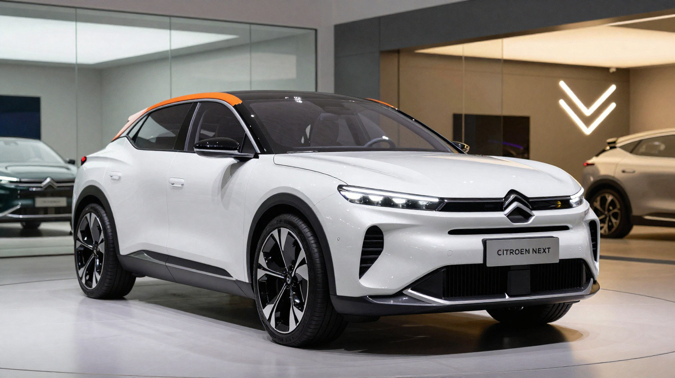 Carro elétrico Citroën Next branco com teto laranja em exposição interna moderna.