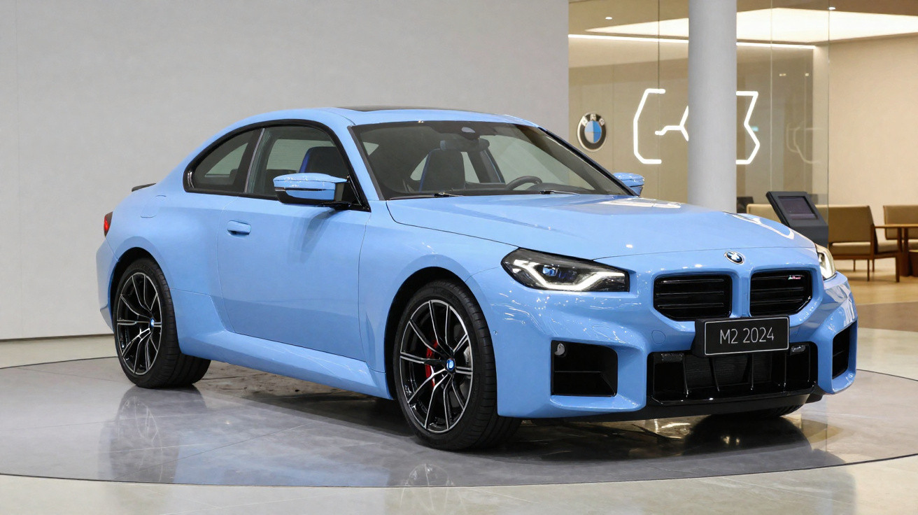 Carro esportivo azul BMW M2 2024 em exposição interna com rodas pretas e detalhes modernos.