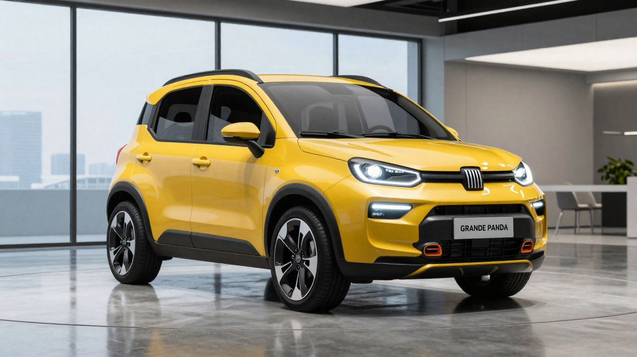 Carro SUV compacto Fiat Grande Panda amarelo em showroom moderno com piso de cimento polido.