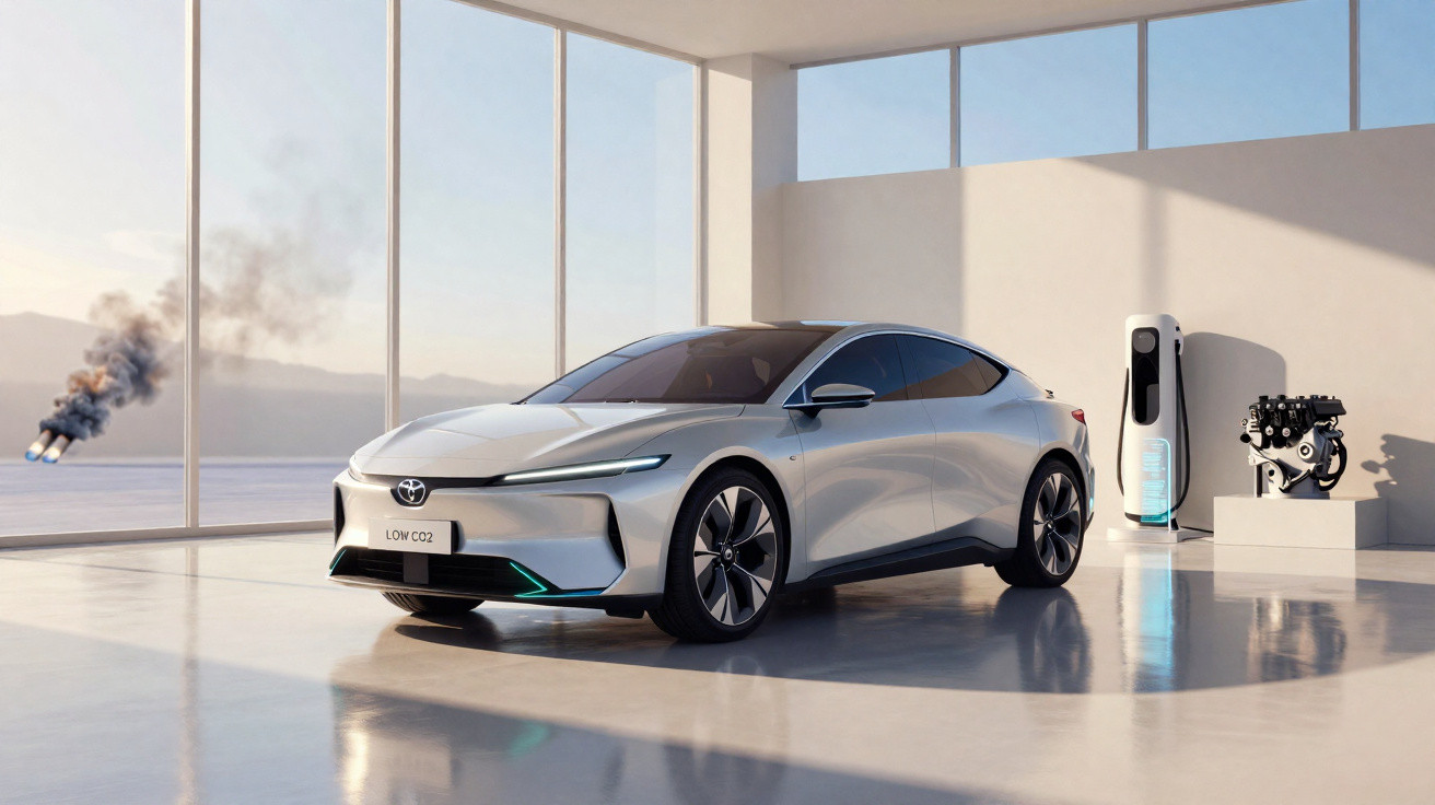 Carro elétrico branco estacionado em ambiente moderno com tomada de recarga e motor exposto ao fundo.