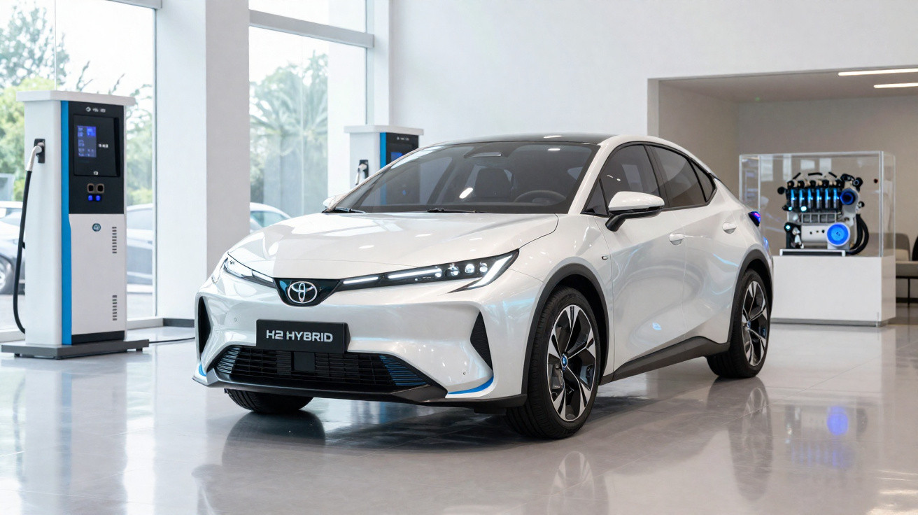 Carro híbrido branco Toyota H2 Hybrid em showroom moderno com carregadores elétricos ao fundo.