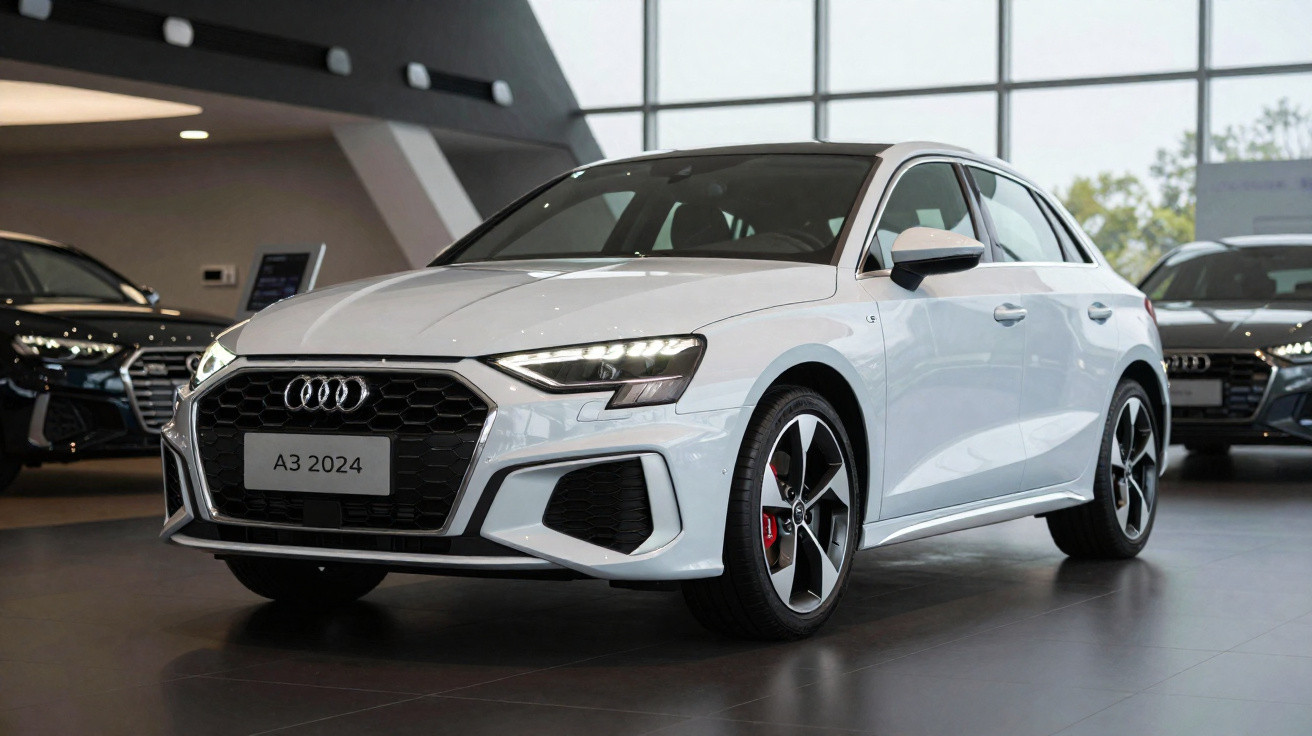 Carro Audi A3 2024 branco exibido em showroom com design moderno e rodas esportivas.