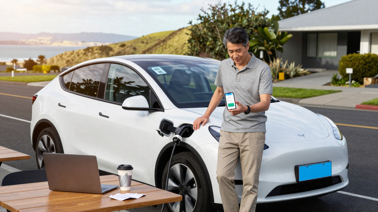 Homem carregando carro elétrico branco ao lado de mesa com laptop e café em área residencial.