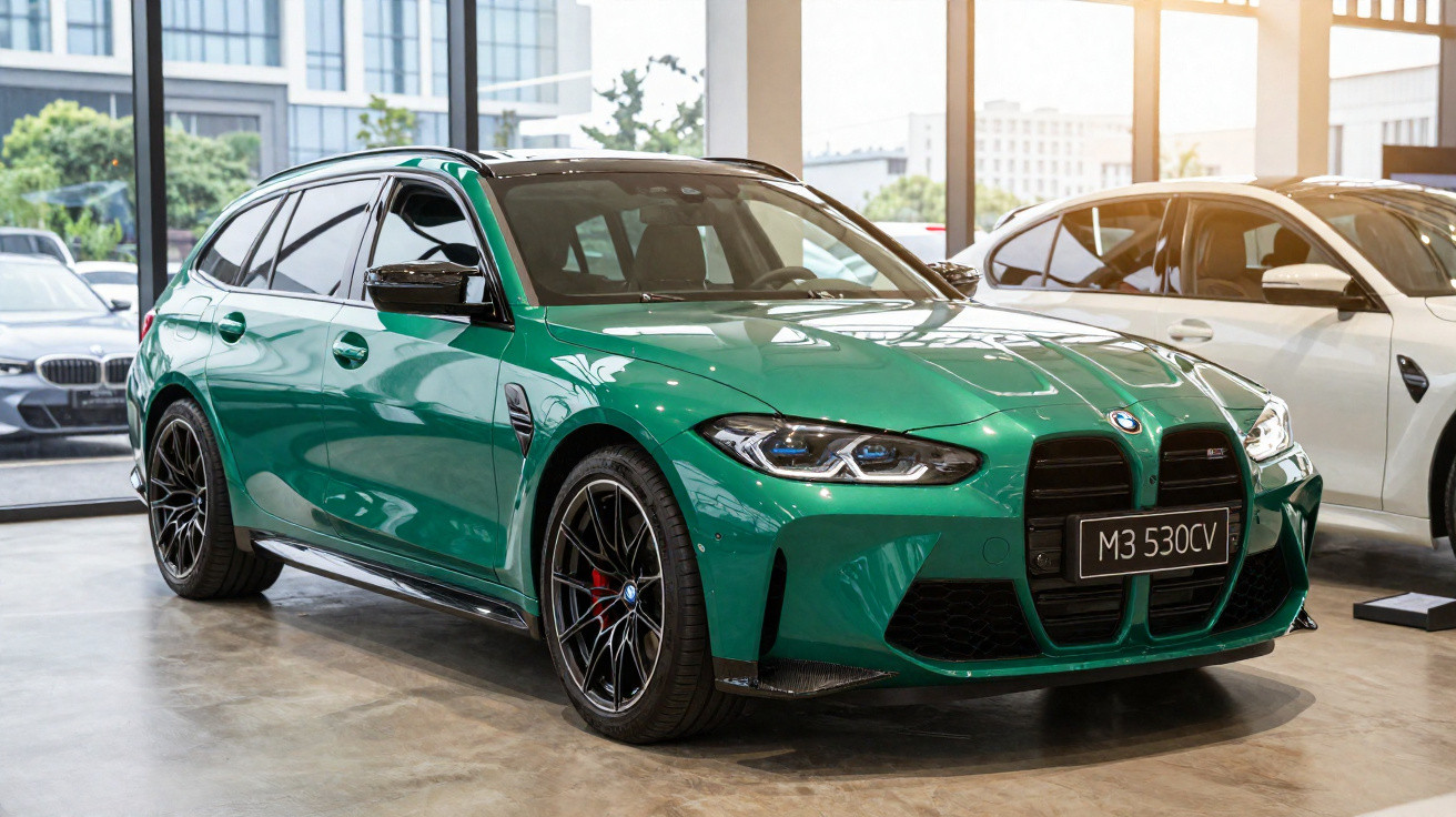 Carro BMW M3 verde metálico estacionado em showroom com piso cinza e grandes janelas ao fundo.