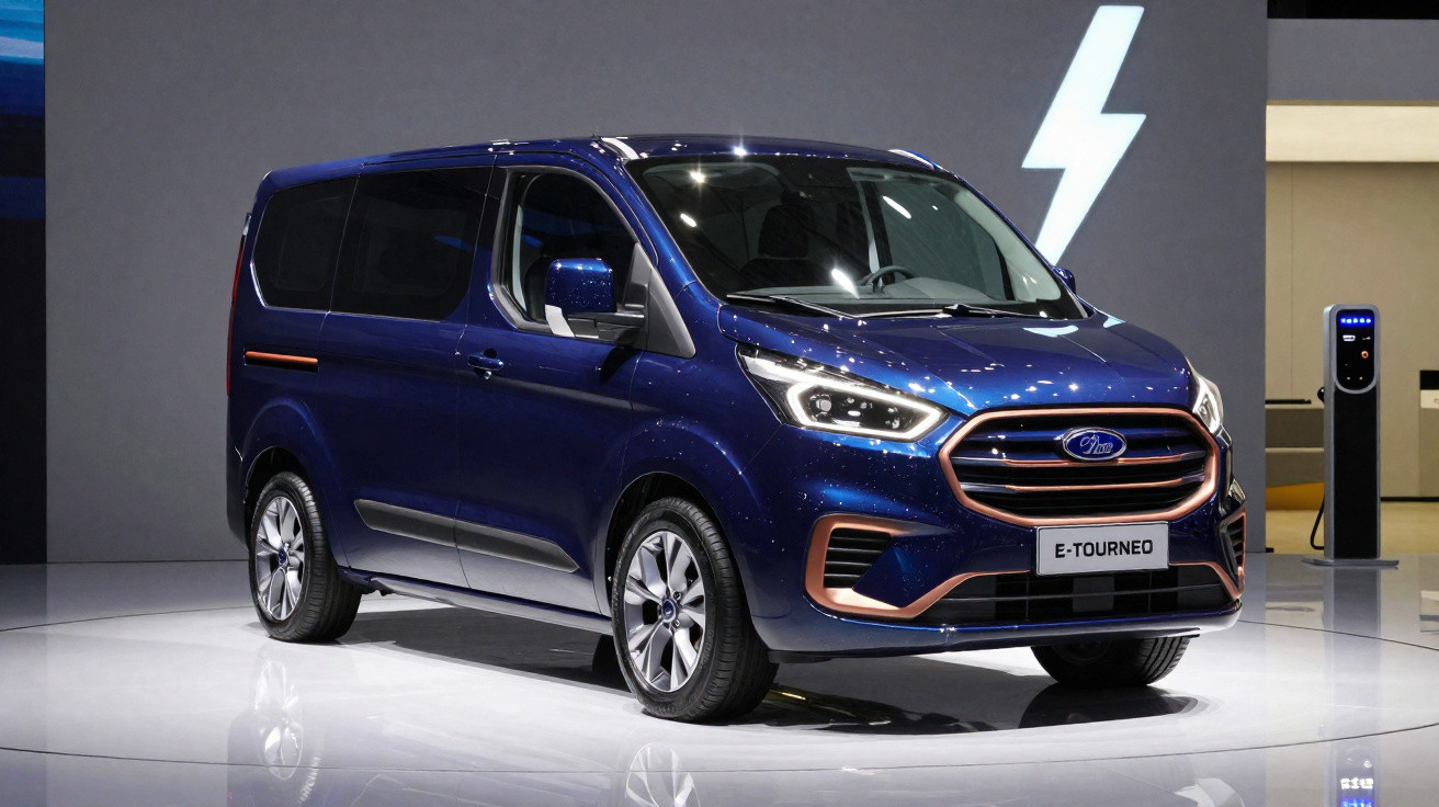 Van azul escuro elétrica Ford E-Tourneo em exposição com símbolo de raio ao fundo.