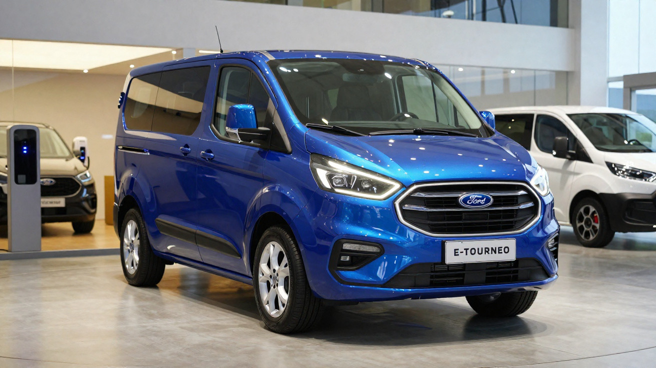 Van elétrica Ford E-Tourneo azul exposta em showroom moderno e iluminado.