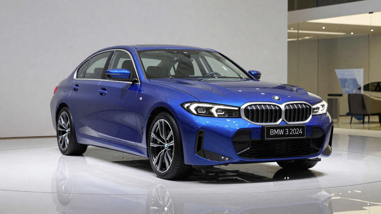 Carro BMW 3 2024 azul em exposição, vista frontal com destaque para a grade e faróis modernos.