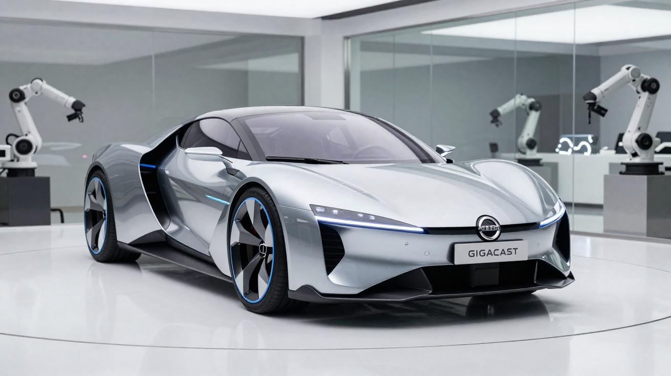 Carro esportivo elétrico prateado com design futurista dentro de showroom com braços robóticos ao fundo.