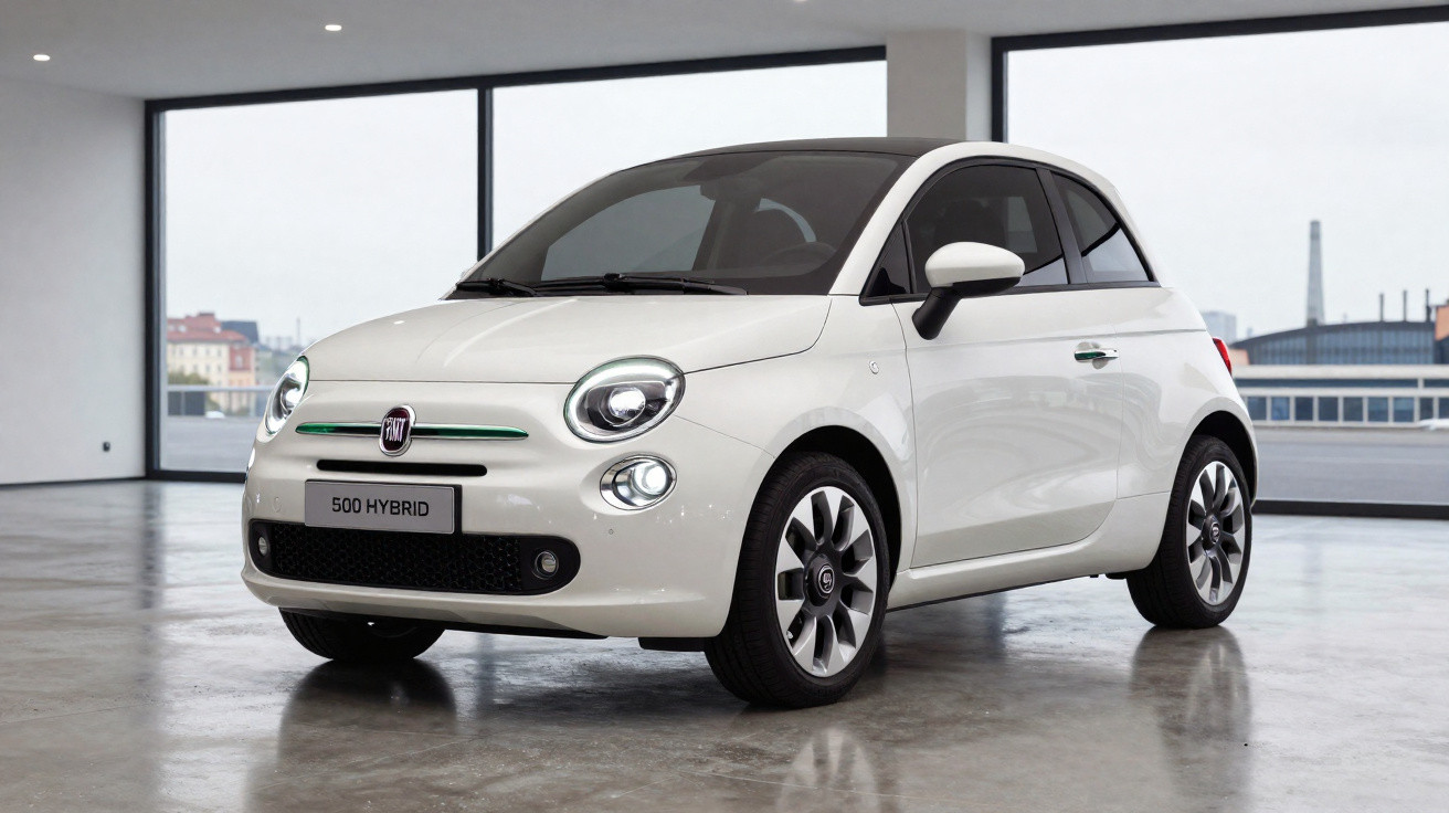 Carro branco Fiat 500 Hybrid estacionado em espaço interno moderno com janelas grandes.