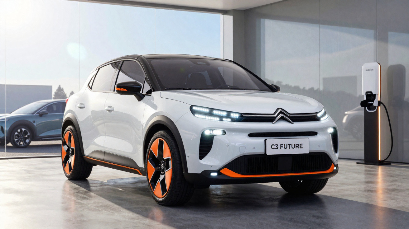 Carro elétrico Citroën C3 Future branco com detalhes em laranja estacionado próximo a carregador.