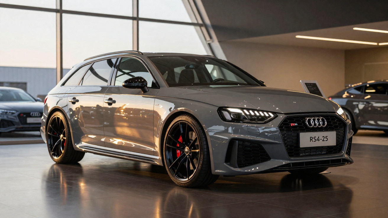 Carro Audi RS4-25 cinza estacionado em showroom moderno com iluminação interna.