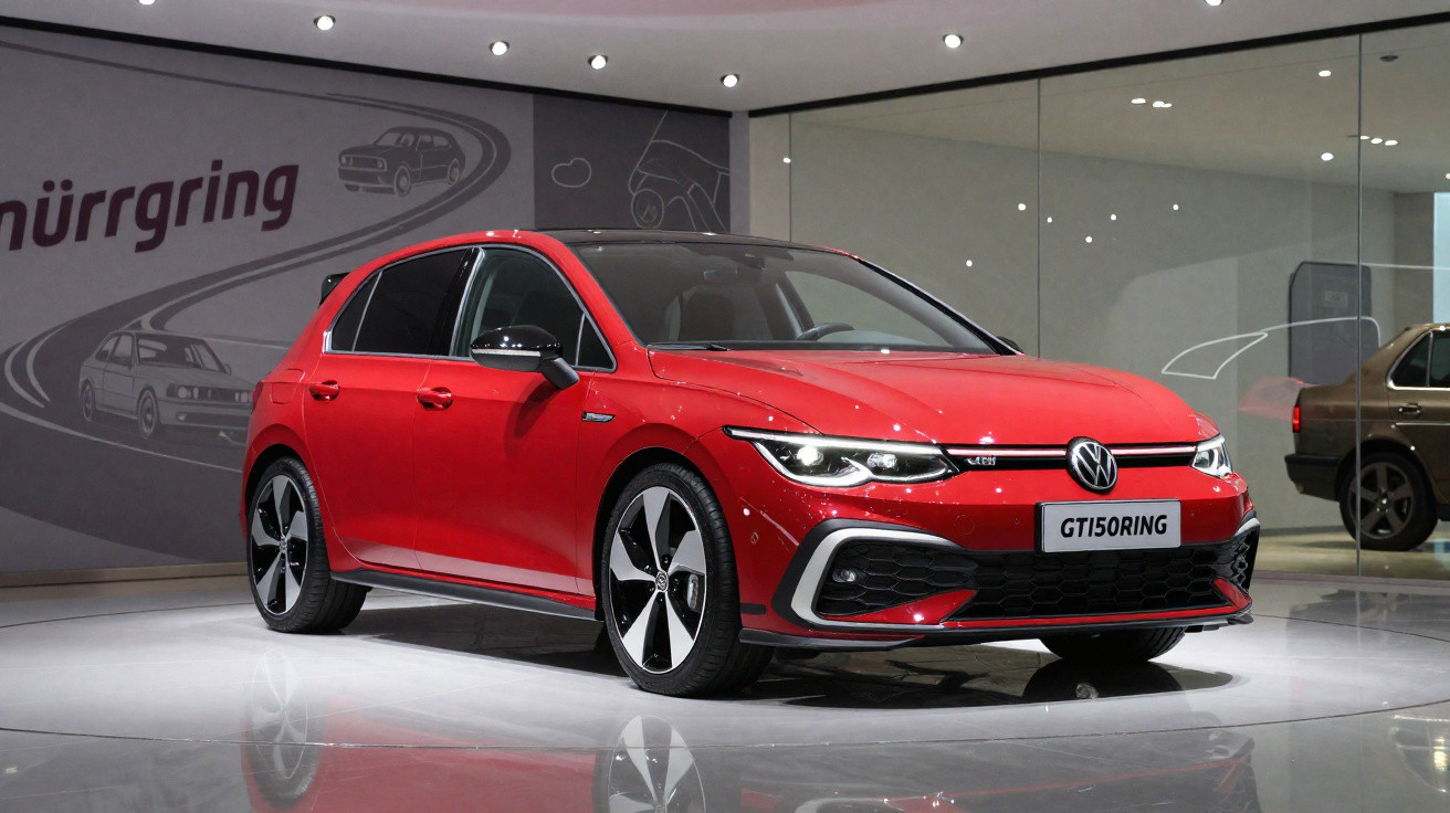Carro Volkswagen Golf GTI vermelho em exposição em salão com refletor e vidro ao fundo.