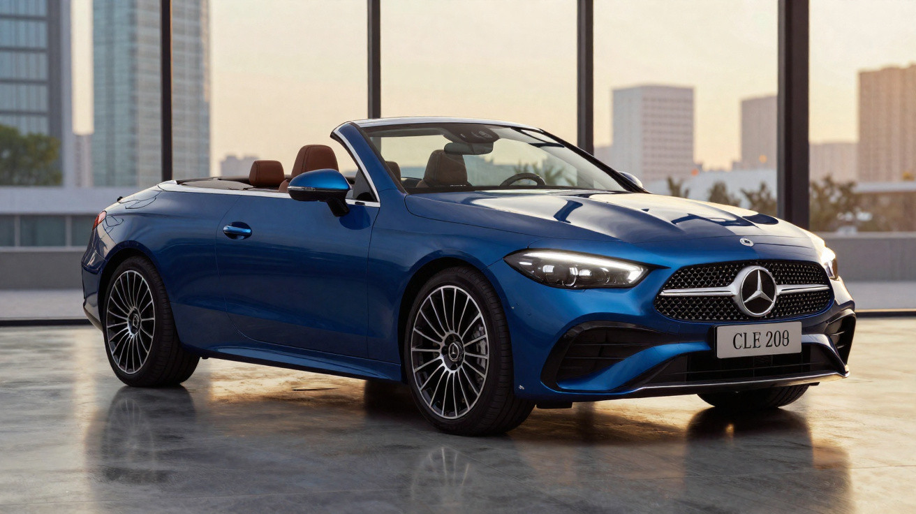 Conversível azul Mercedes-Benz estacionado em ambiente interno com vista para prédios ao fundo.