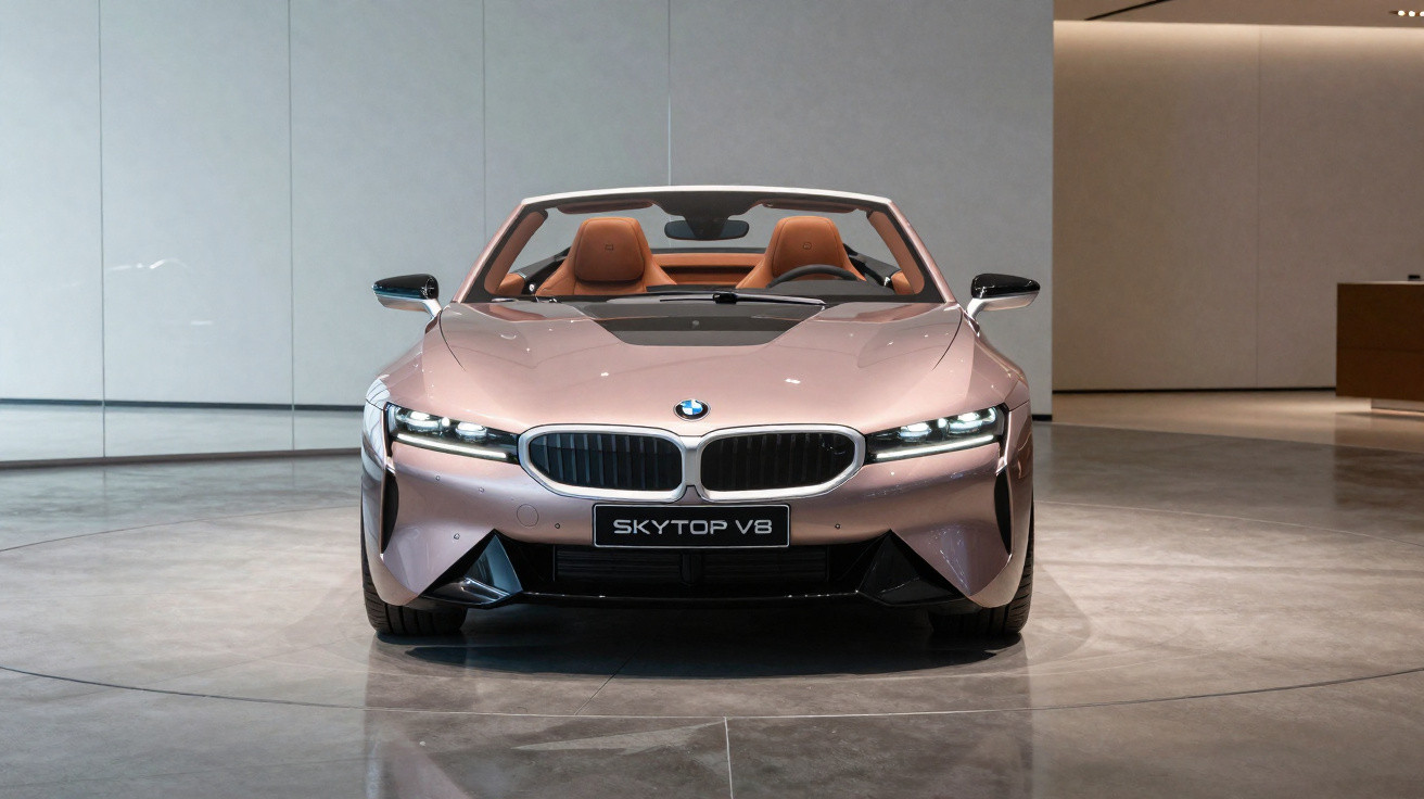 Carro conversível BMW Skytop V8 rosa com interior marrom exibido em ambiente moderno.