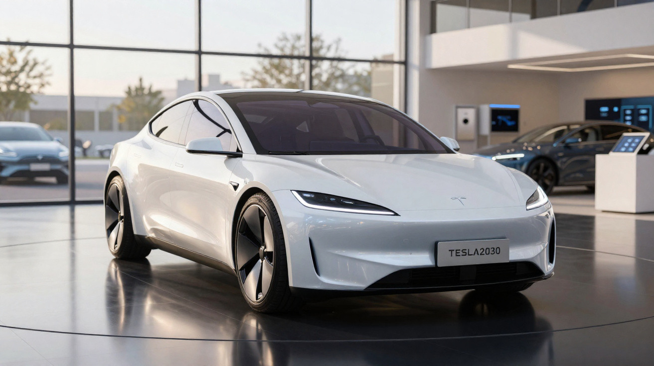 Carro elétrico branco Tesla2030 em showroom moderno com janelas de vidro e outros veículos ao fundo.