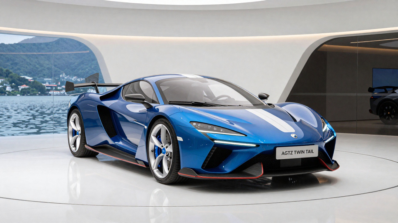 Carro esportivo azul McLaren AGTZ Twin Tail exibido em salão moderno com vista para lago e montanhas.