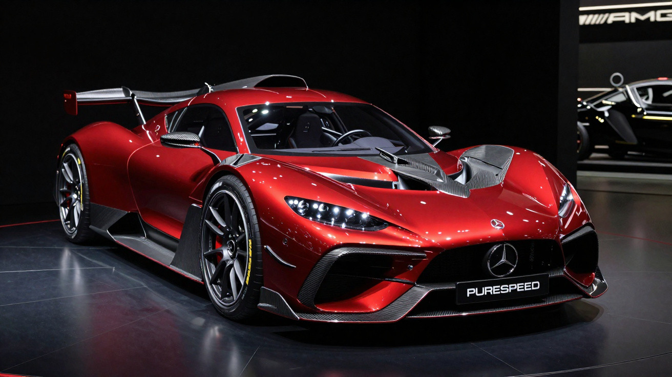 Carro esportivo vermelho Mercedes-Benz AMG com design aerodinâmico exposto em salão automotivo.