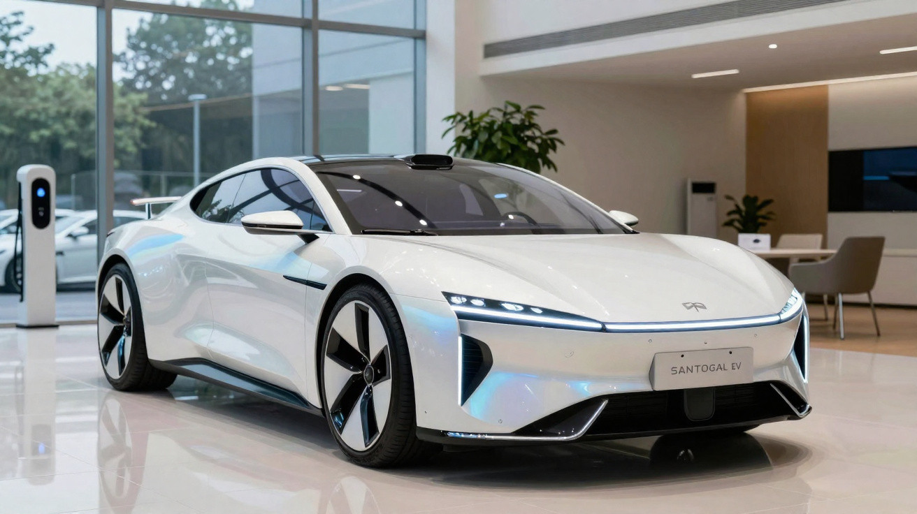 Carro elétrico esportivo branco estacionado em showroom moderno com piso brilhante e carregador ao fundo.