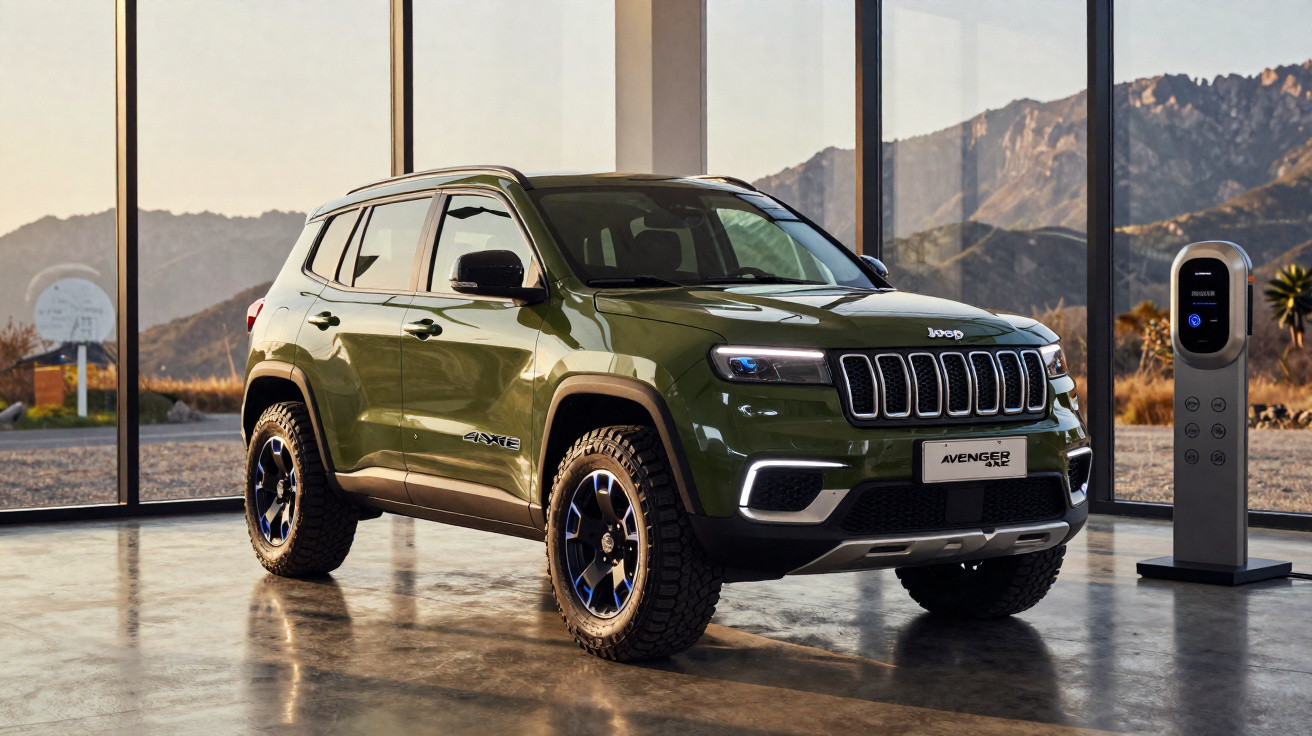 SUV verde Jeep Avenger 4xe elétrico exposto em ambiente interno com janela e montanhas ao fundo.