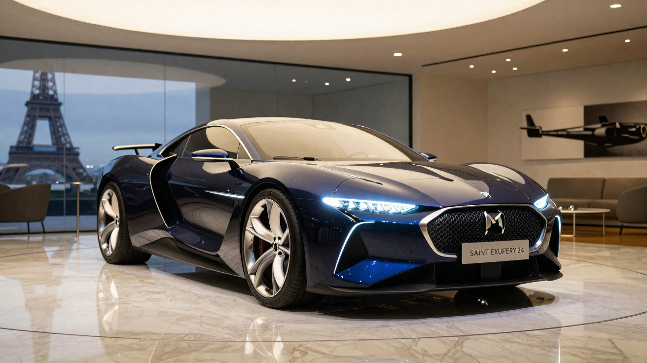 Carro esportivo azul escuro DS Saint Exupery 24 em exposição interna com Torre Eiffel ao fundo.
