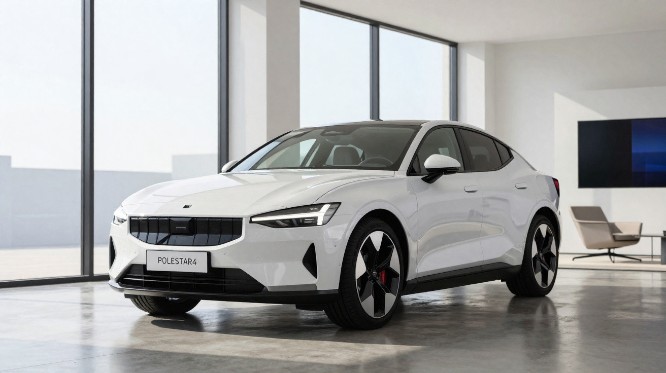 Carro elétrico branco Polestar 4 estacionado em ambiente interno moderno com janelas amplas.