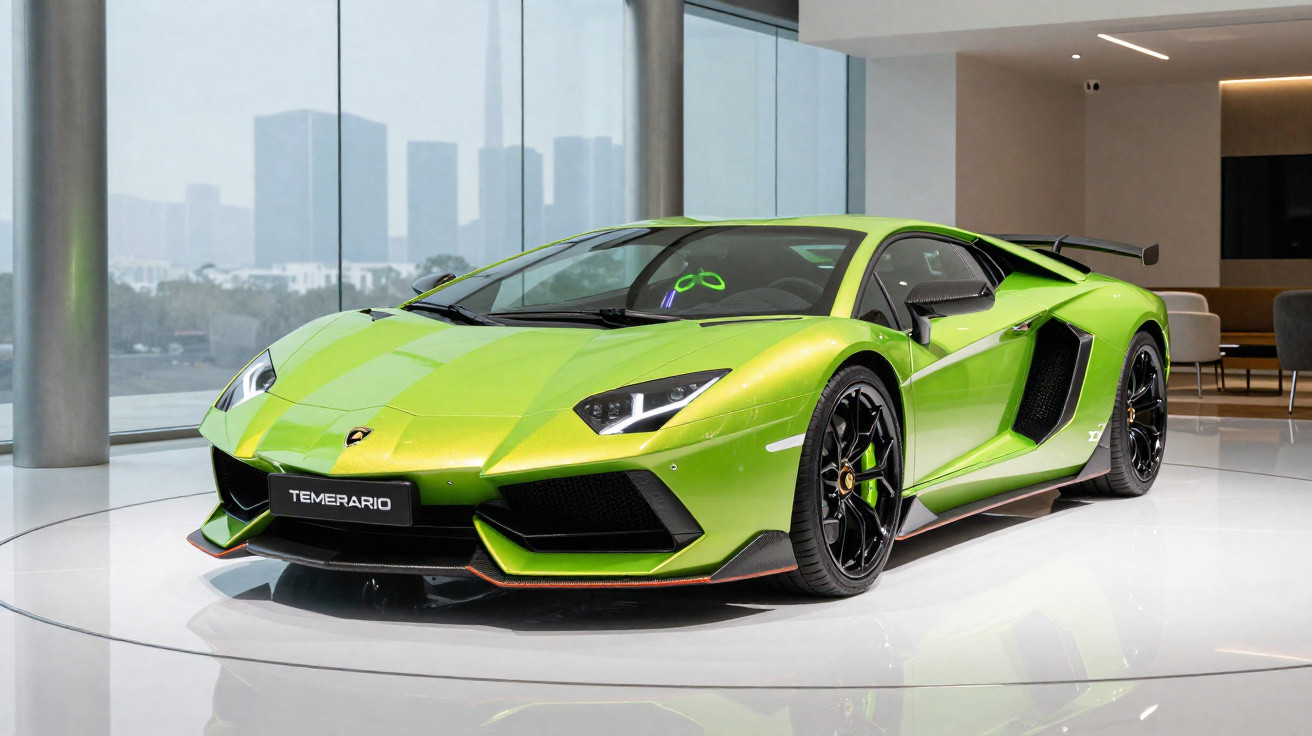 Carro esportivo Lamborghini verde metálico em exposição interna com fundo urbano desfocado.