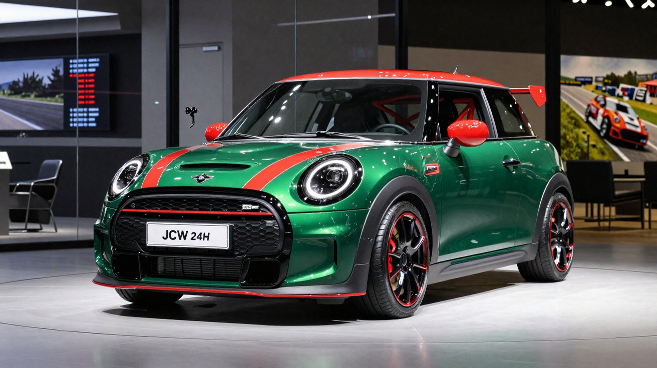 Carro esportivo Mini Cooper verde com detalhes vermelhos exposto em salão automotivo moderno.