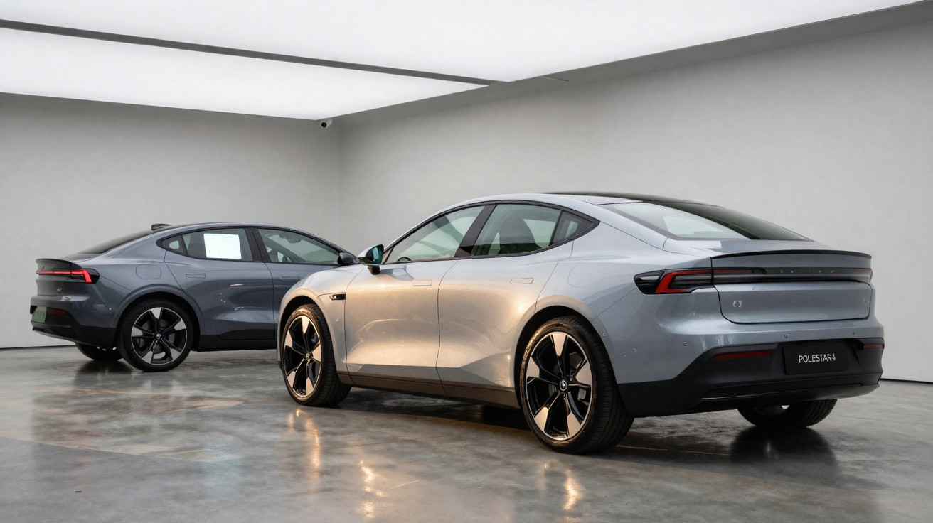Dois carros cinza elétricos Polestar 4 estacionados em ambiente interno com piso refletivo e paredes claras.