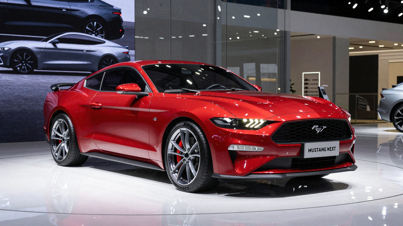 Carro esportivo vermelho Ford Mustang Next exibido em salão automotivo moderno e iluminado.