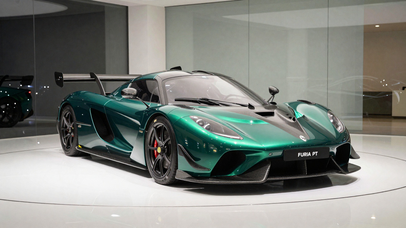 Carro esportivo verde metálico Furia PT exibido em plataforma giratória dentro de showroom moderno.