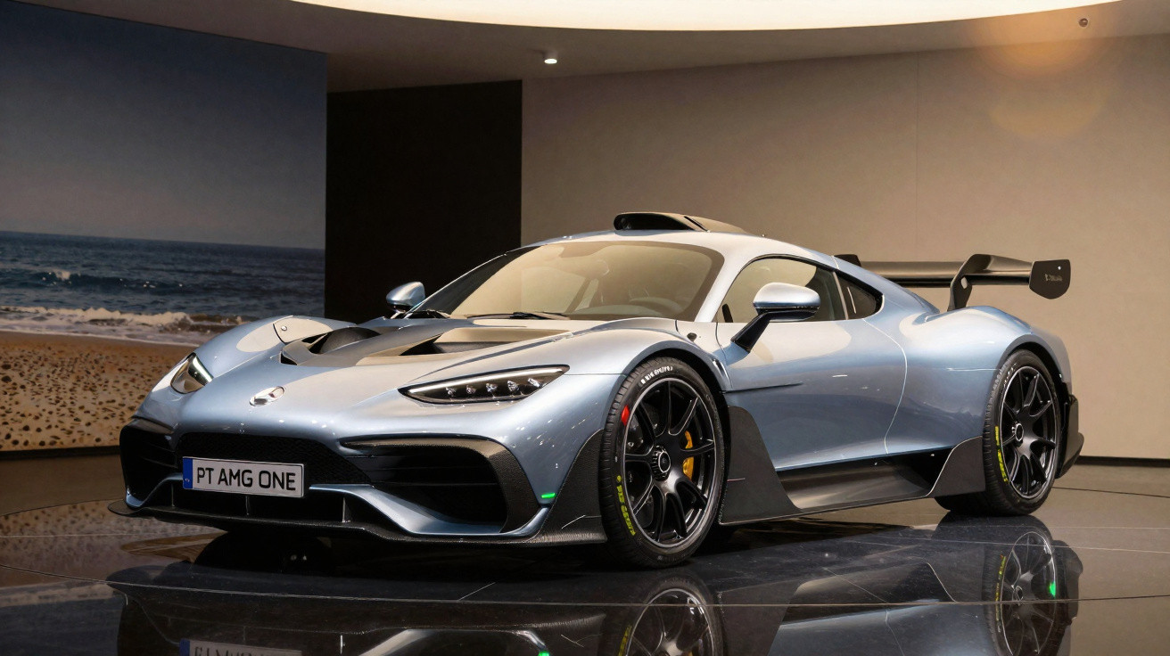 Carro esportivo cinza prata Mercedes-AMG One exposto em ambiente interno moderno.