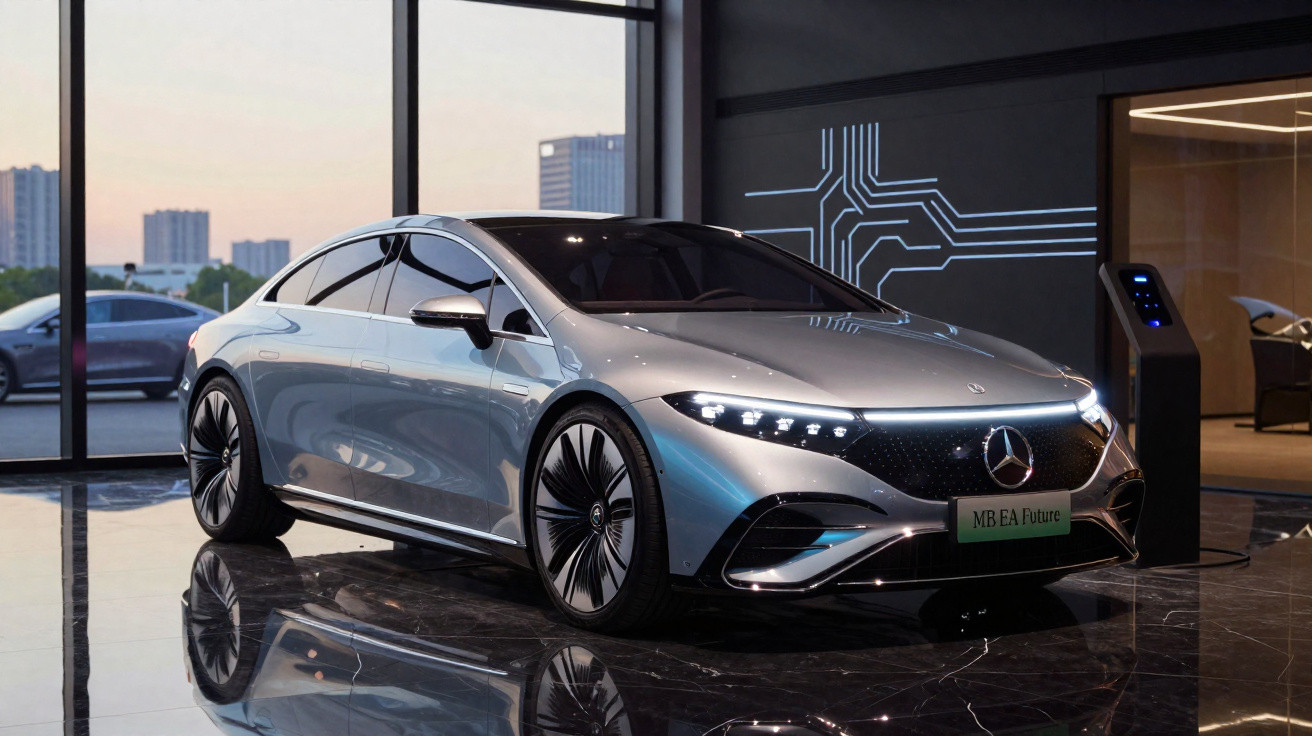 Carro elétrico prata Mercedes-Benz MB EQA Future estacionado em showroom moderno com piso brilhante.
