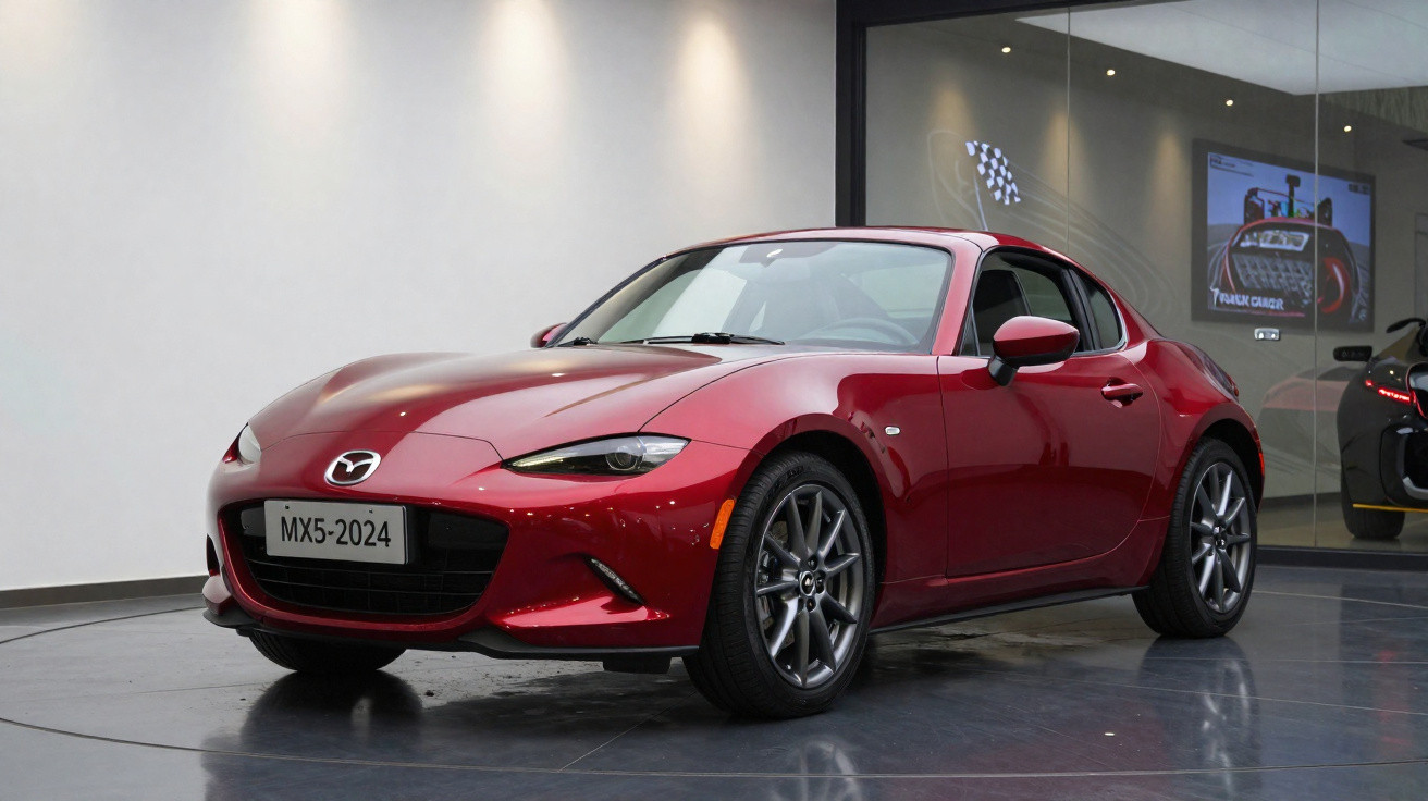 Carro esportivo vermelho Mazda MX-5 2024 exibido em showroom moderno com piso refletivo.