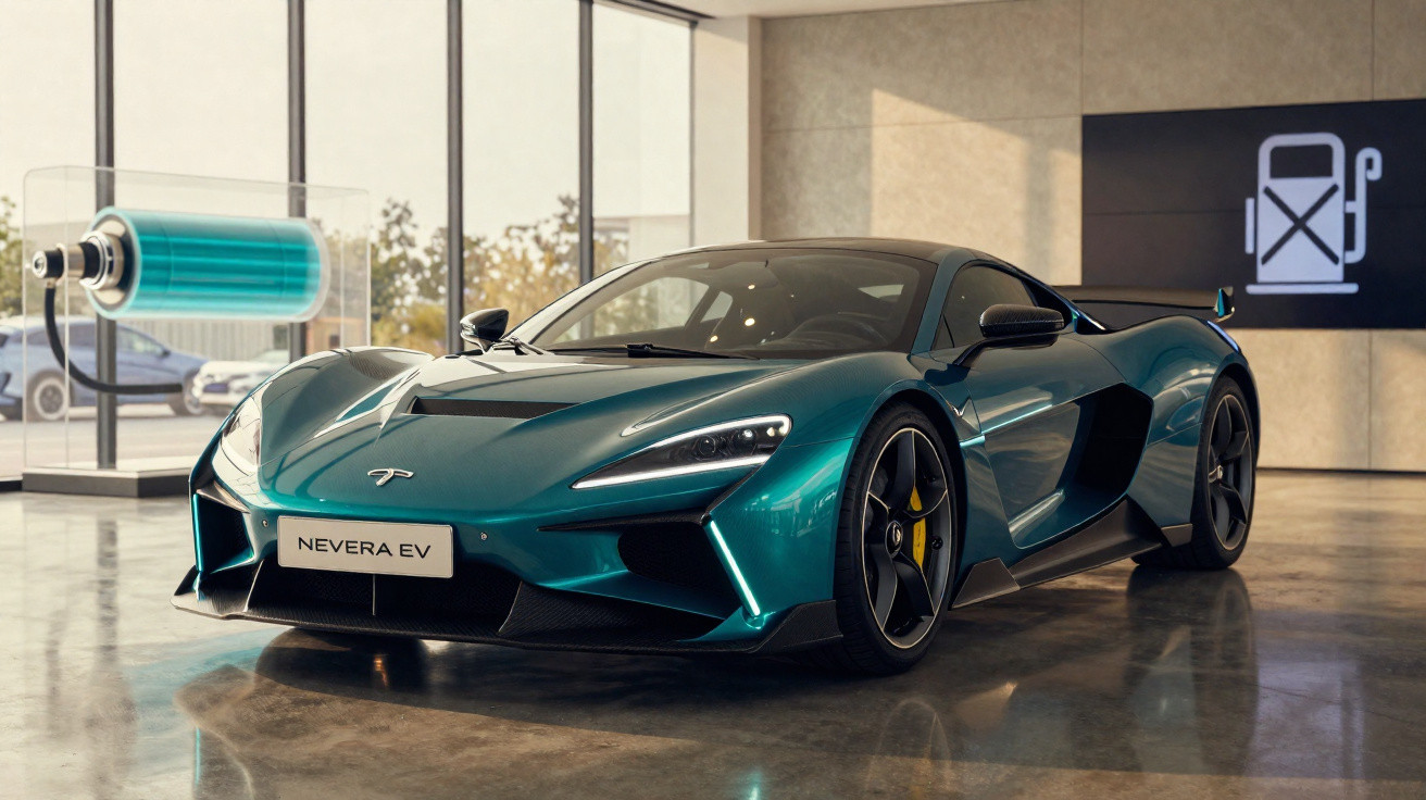 Carro esportivo elétrico azul Nevera EV estacionado em showroom moderno com ícone de combustível no fundo.