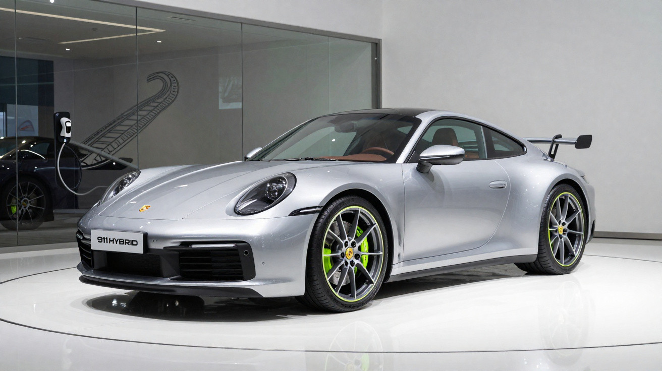 Carro esportivo Porsche 911 Hybrid prata exibido em plataforma giratória branca em ambiente moderno.