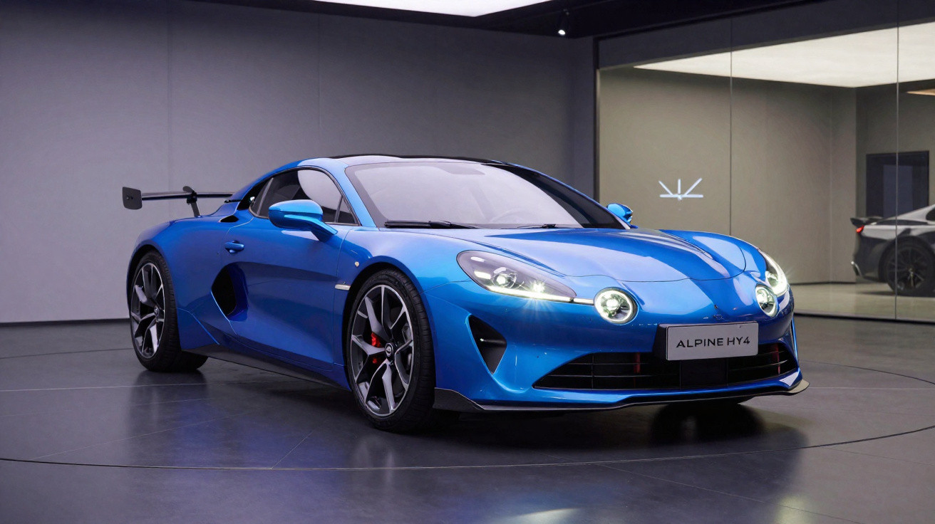 Carro esportivo azul Alpine HY4 em exibição em ambiente interno moderno com piso brilhante.