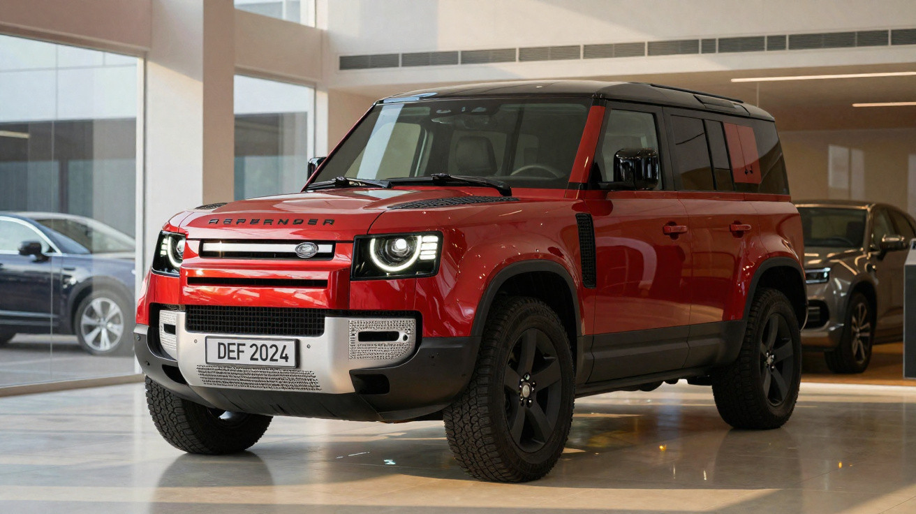 SUV vermelho Land Rover Defender 2024 estacionado em ambiente interno, com detalhes pretos e rodas robustas.