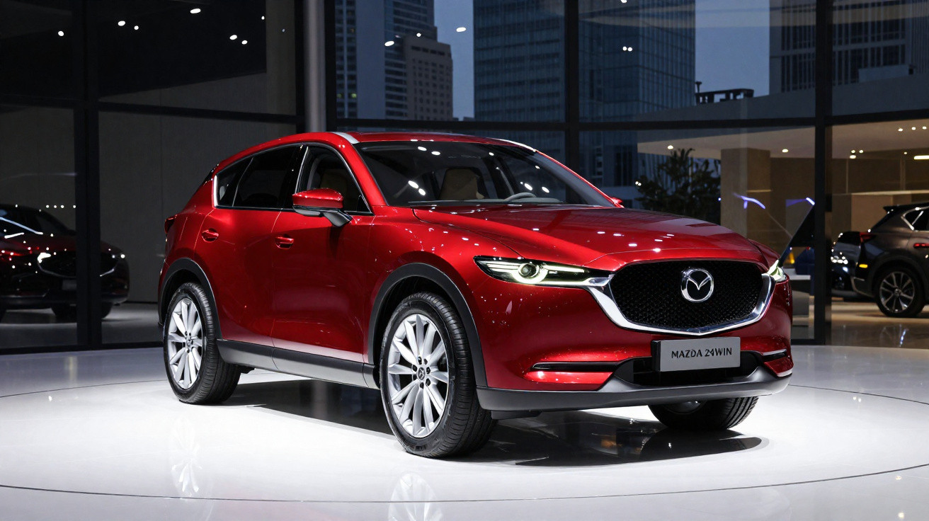 Carro SUV Mazda 24Win vermelho em exposição iluminada dentro de showroom moderno com prédios ao fundo.