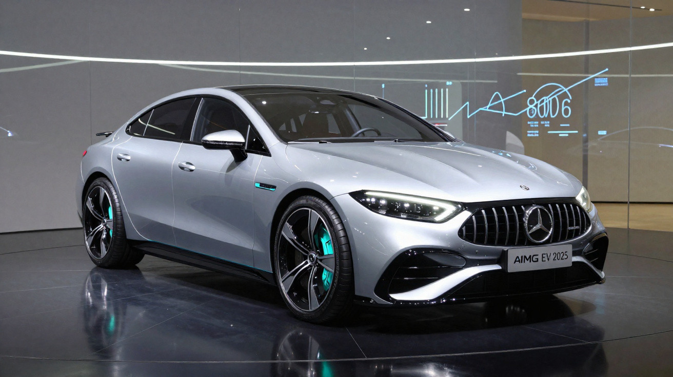 Carro elétrico Mercedes-Benz AMG EV 2025 prata exposto em ambiente interno moderno.